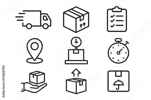Delivery and shipping thin line icon set. Logistics, transport, e-commerce vector signs. Truck, box, tracking, order fulfillment outline pictograms for web and apps.