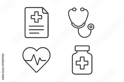 Medical icons set of healthcare symbols including medical document, stethoscope, heartbeat heart, and medicine bottle with cross, health monitoring and treatment concepts