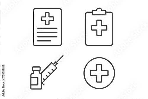 Medical and healthcare icon set. Vector line art clipboards, medical report, vaccine vial with syringe, healthcare cross symbols collection for health presentation and design
