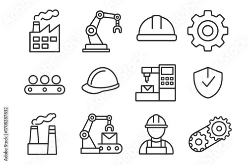Gear and cogwheel mechanism icons collection, editable stroke, simple industrial engineering vector symbols, perfect for infographics, articles, books, flyers, banners, technical design