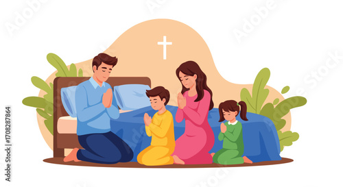 Flat style illustration of a family kneeling together in prayer by the bedside at home, symbolizing faith, devotion, unity, and Christian spirituality in daily life