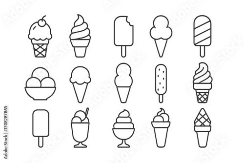 Ice cream thin line icons collection, editable stroke vector set for websites, books, cards, apps, cartoon style, transparent background, ordered dessert illustrations
