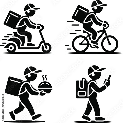 Courier Service Icon Grid – Scooter, Bicycle, Tray & Mobile Delivery Vectors