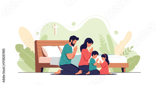 Flat style illustration of a family kneeling together in prayer by the bedside at home, symbolizing faith, devotion, unity, and Christian spirituality in daily life