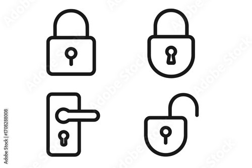Lock line icon bundle with door handle and padlock outline signs for graphic design, web design, apps, advertisements, security concept, vector cartoon illustration, transparent background