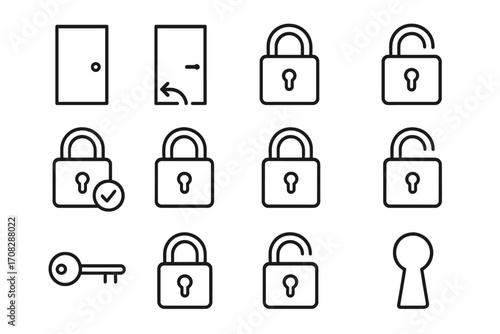 Lock line icon set with door and padlock outline symbols for graphic design, web apps, adverts, security concepts, access control, safety and privacy vector illustration transparent background