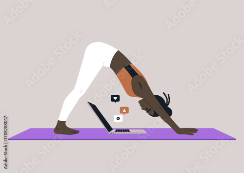 Work life balance, Practicing the inverted V yoga pose on a mat, this scene blends fitness and office responsibilities as a person connects with their laptop