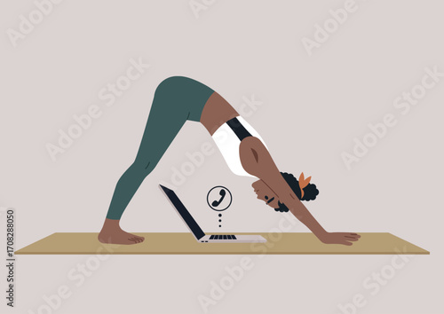 Work life balance, Practicing the inverted V yoga pose on a mat, this scene blends fitness and office responsibilities as a person connects with their laptop
