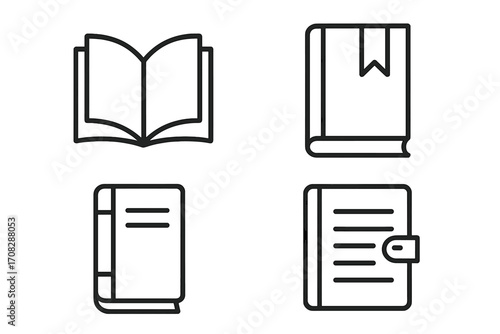 Book line icon set. Open and closed books, notebook, diary with bookmark symbols. Vector outline collection for education, learning, library, and study concepts. Graphic signs.
