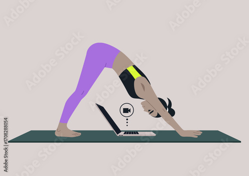 Work life balance, Practicing the inverted V yoga pose on a mat, this scene blends fitness and office responsibilities as a person connects with their laptop