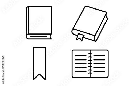 Book line icon collection. Outline signs for graphic and web design. Reading and education symbols set. Simple vector illustration of notebook, bookmark, and diary for study or library concepts.