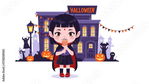 Halloween's Little Vampire Girl: A cute anime-style vampire girl stands outside a festive haunted house, savoring a lollipop, a whimsical and charming depiction of Halloween fun.