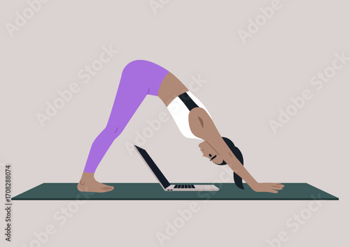 Work life balance, Practicing the inverted V yoga pose on a mat, this scene blends fitness and office responsibilities as a person connects with their laptop