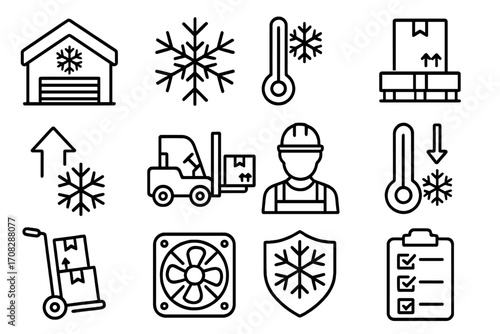 Cold storage and freezer warehouse vector line icon bundle. Logistics, supply chain, refrigeration and delivery symbols. Forklift, worker, temperature and pallet icons.
