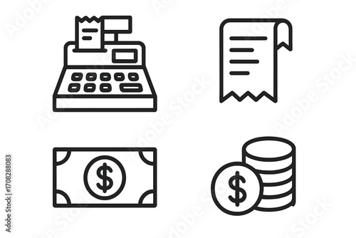 Money bundle of related line icons, cash register with receipt, receipt icon, dollar bill, stack of coins, finance symbols for graphic design, web, apps, and advertising concepts