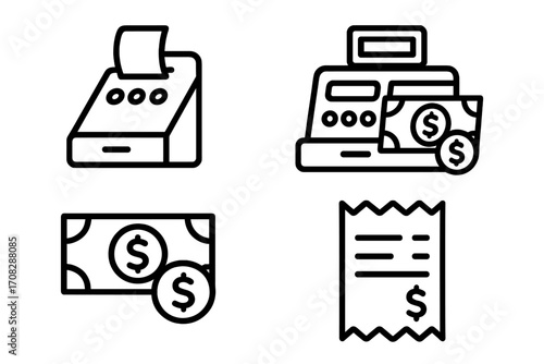 Money line icon collection featuring cash register, receipt, dollar bills, coins, payment symbols, financial transaction, business finance, web design, app icons, vector cartoon illustration