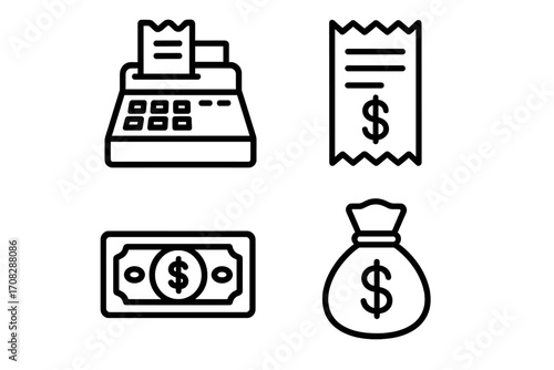 Money bundle set of related line icons with cash register, receipt, dollar bill, and money bag symbols. Outline vector illustration for graphic design, web, apps, adverts, and finance concepts.