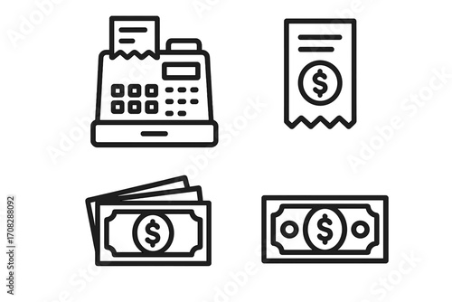 Money line icon collection with cash register, receipt, and dollar bills. Vector cartoon illustration for graphic design, apps, advertisements, cards, finance concepts.