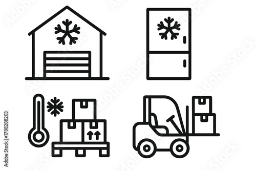 Freezer warehouse cold storage icon set. Vector outline illustration of forklift, pallet with boxes, and refrigerator. Logistics, distribution, and cold chain concept for design.
