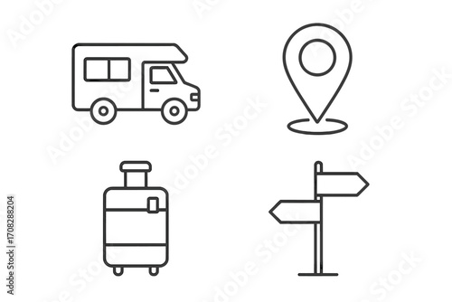 Motorhome camper RV travel vehicle, location map pin icon, suitcase baggage luggage travel bag, directional street sign pointer, travel and tourism thin line vector icons