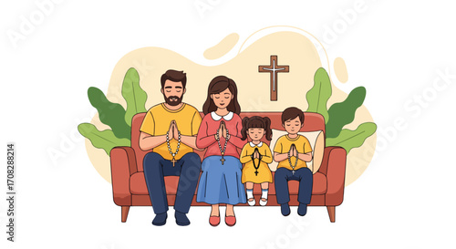 Flat style illustration of a family sitting together on a sofa praying with rosary beads at home, symbolizing faith, devotion, unity, and Christian spirituality in daily life