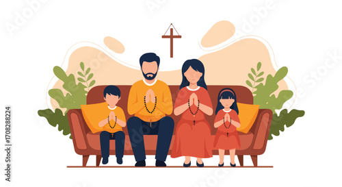 Flat style illustration of a family sitting together on a sofa praying with rosary beads at home, symbolizing faith, devotion, unity, and Christian spirituality in daily life