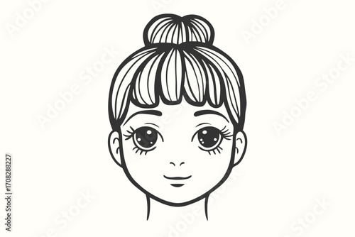 Isolated stylized portrait showcases a young brunette girl with a simple bun hairstyle
