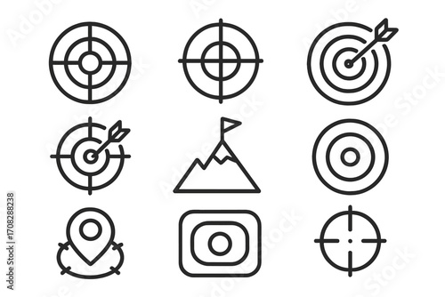 Set of Aim and Target Line Icons, Bullseye and Goal Outline Symbols for Web Design, Apps, Advertising, Location Pins, Goal Achievement, and Strategy Concepts, Vector Illustration