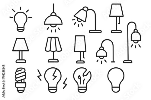 Set of Light and Lamp Line Icons, Including Broken Light Bulbs, Desk Lamps, Floor Lamps, and Hanging Lamps, Simple Outline Vector Signs for Graphic Design, Web, Apps, and Advertising Illustrations