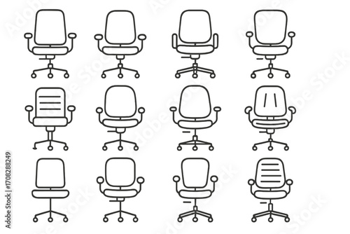 Office chair icon set collection, thin line editable stroke vectors, modern workspace seating illustrations, ergonomic chair designs, web, books, cards, app graphics collection, transparent background