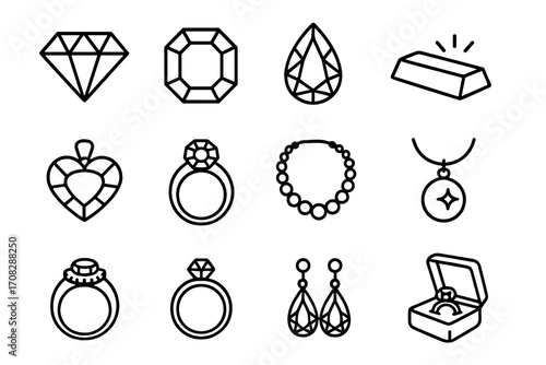 Pack of jewelry related line icons with diamonds, gems, rings, earrings, necklace, gold bar, and engagement ring outline signs for graphic web design, apps, adverts, cards, vector cartoon illustration