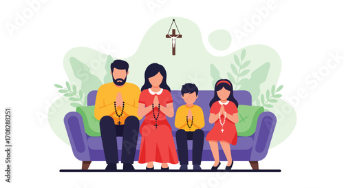 Flat style illustration of a family sitting together on a sofa praying with rosary beads at home, symbolizing faith, devotion, unity, and Christian spirituality in daily life