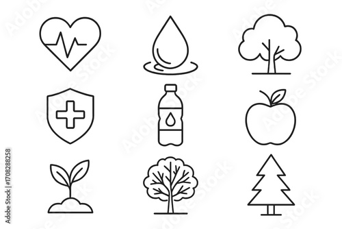 Health, nature, wellness thin line icon set. Vector collection of simple symbols. Heartbeat, water, tree, apple, medical shield. Eco lifestyle, environment graphic elements.