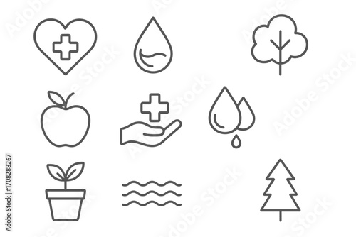 Health, nature and water line icon set. Medical care, environment and wellness symbols. Thin outline pictograms for web and mobile. Apple, tree, drop and heart icons.