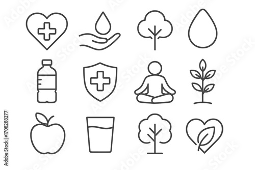 Health and wellness line icon set. Healthy lifestyle, nature, and medical symbols. Minimalist vector collection for eco concepts, yoga, water, and nutrition design.