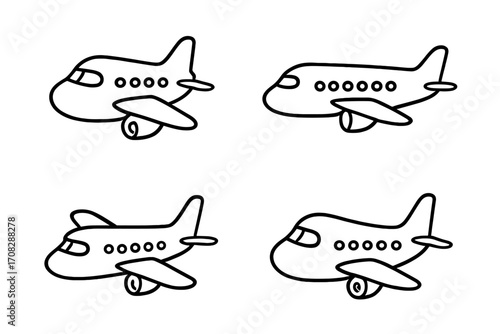Set of minimalistic linear airplane icons, editable stroke vector line art for travel, transport, aviation apps, blogs, banners, and modern design projects, cartoon style