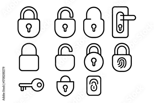 Pack of lock and key line icons, door and padlock outline signs for graphic design, web design, apps, adverts, security concepts, vector cartoon illustration set
