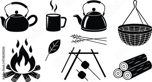 Vintage camping tea set, campfire cooking tools, outdoor kettle and mugs, rustic coffee setup for adventure, hand-drawn black and white illustrationVintag
