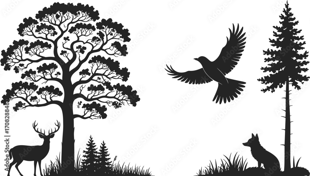 Obraz premium Silhouette of forest wildlife with deer, flying bird, fox, and tall trees, natural wilderness scene, peaceful outdoor nature landscape, wildlife 