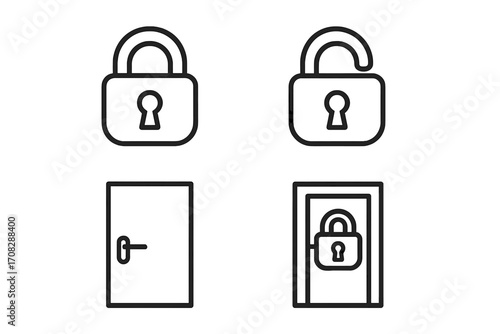 Set of padlock and door outline icons, lock and unlock symbols, security and privacy concepts, door with handle, secure entry, protection and safety vector design for apps and websites