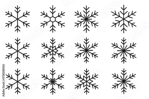 Set of twelve black hand-drawn pen line snowflake icons, vector winter season symbols, unique geometric ice crystal sketches, transparent background, minimalistic style