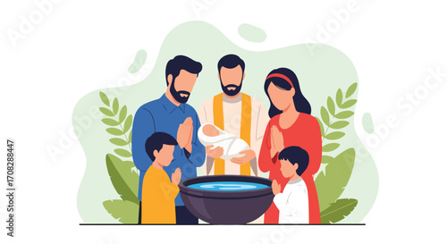 Flat style illustration of a priest holding a baby during a baptism ceremony with family praying, symbolizing faith, tradition, blessing, and spiritual celebration in Christianity.