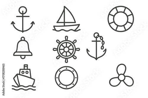 Set of nautical ship line icons, anchor outline symbols, sailing boat, lifebuoy, ship bell, steering wheel, porthole, ship propeller, marine navigation elements for web design, apps, and adverts