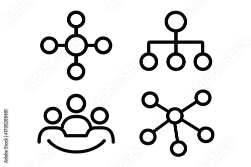 Set of minimalistic vector network and connection icons with transparent background, simple line illustration of hub, team, organization, and social link concepts for business and technology
