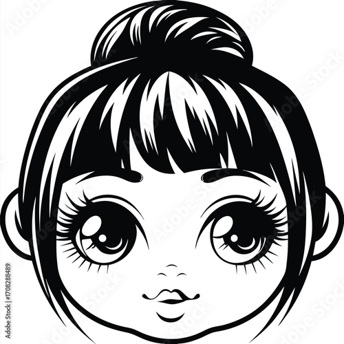 Cute cartoon girl with a hair bun showcases large, expressive eyes in a monochrome style