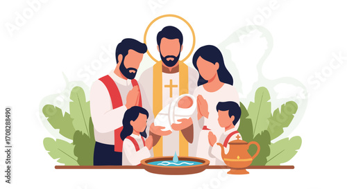 Flat style illustration of a priest holding a baby during a baptism ceremony with family praying, symbolizing faith, tradition, blessing, and spiritual celebration in Christianity.