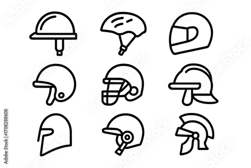 Helmet line icon set. Head protection gear for safety, sport, work. Vector outline symbols. Hard hat, motorcycle, football, firefighter, bicycle, ancient soldier helmets.