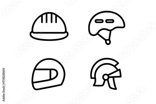 Helmet line icon pack. Set of linear icons for construction hard hat, bicycle, motorcycle racing and ancient roman warrior. Safety and sport head protection concept.
