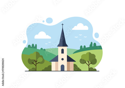 Flat style illustration of a countryside church with tall steeple at sunset, surrounded by trees and fields, symbolizing faith, spirituality, peace, and a serene place for reflection