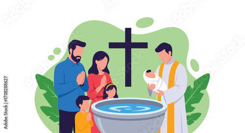 Flat style illustration of a priest holding a baby during a baptism ceremony with family praying, symbolizing faith, tradition, blessing, and spiritual celebration in Christianity.